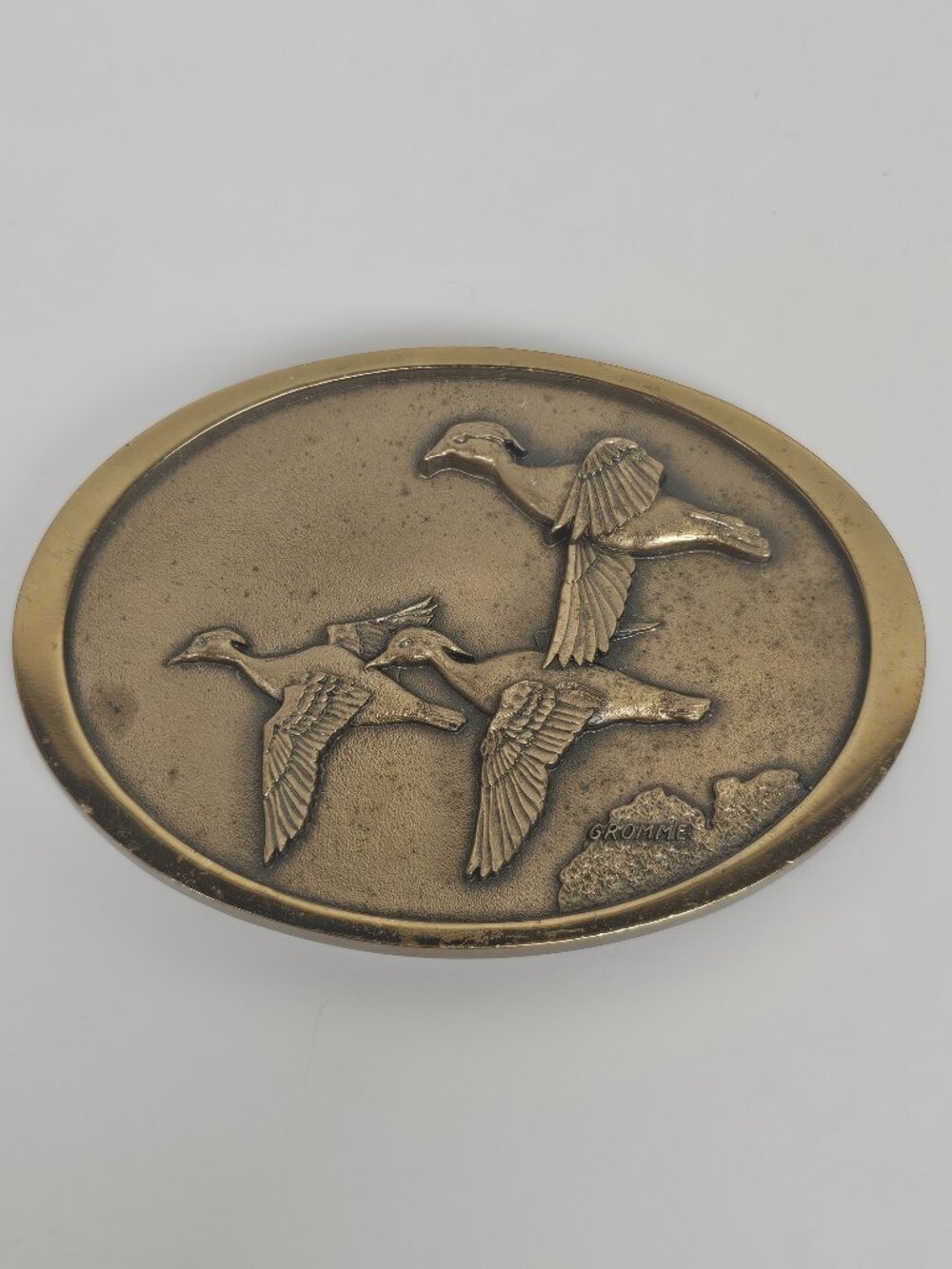 Owen Gromme Designed Three Wood Ducks Over Marsh 1980's Brass Tone Belt Buckle